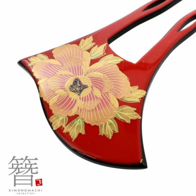 かんざし バチ型 日本製 「黒地 菊と牡丹と垣 和ピン1352」 銀杏型 