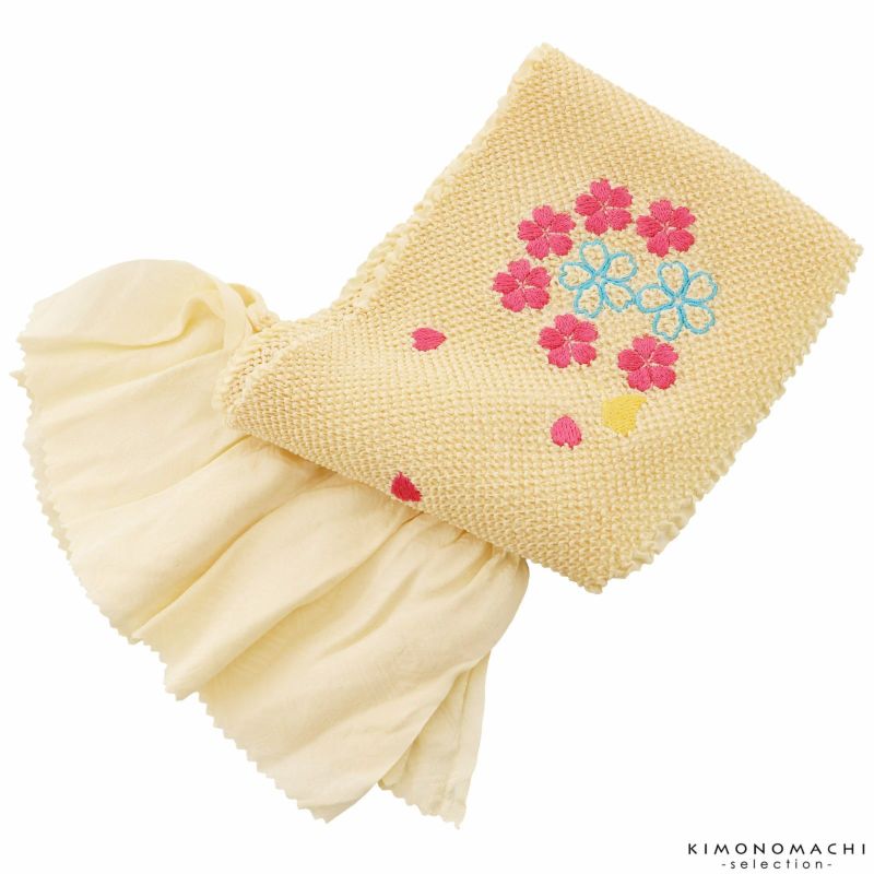 帯揚げ 子供用「総絞り 刺繍 桜に蝶　ベージュ」七五三に こども帯揚げ 総絞り 正絹帯揚げ 女の子 女児