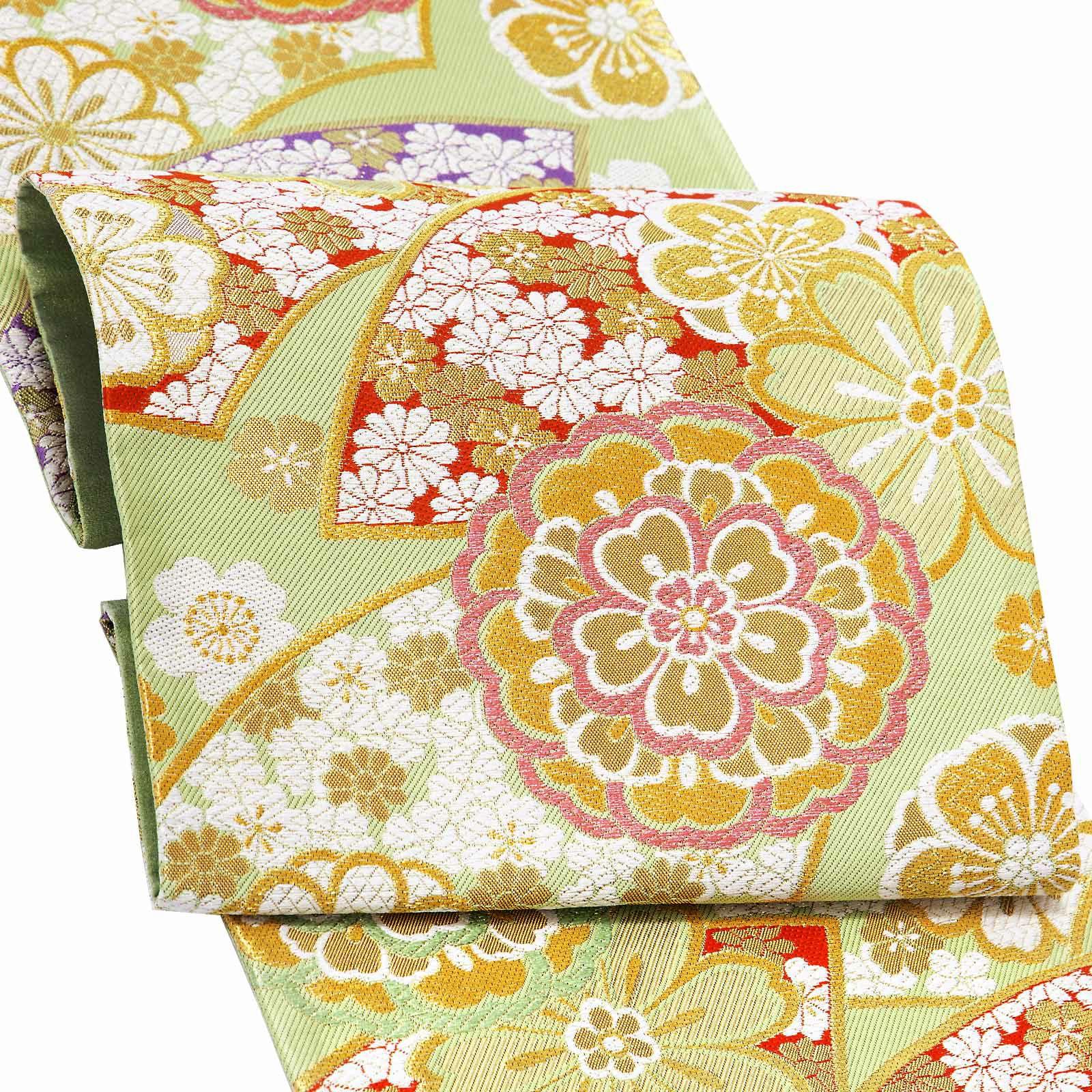 Prices down3】振袖 帯 「薄緑色 扇に花」 日本製 西陣織 証紙番号2362  