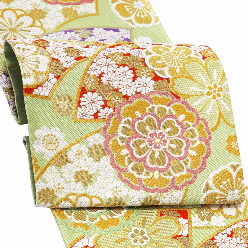 振袖　帯 「薄緑色　扇に花」 日本製 西陣織 証紙番号2362 大光株式会社謹製 絹 未仕立て 六通柄 振袖用 袋帯 振袖帯