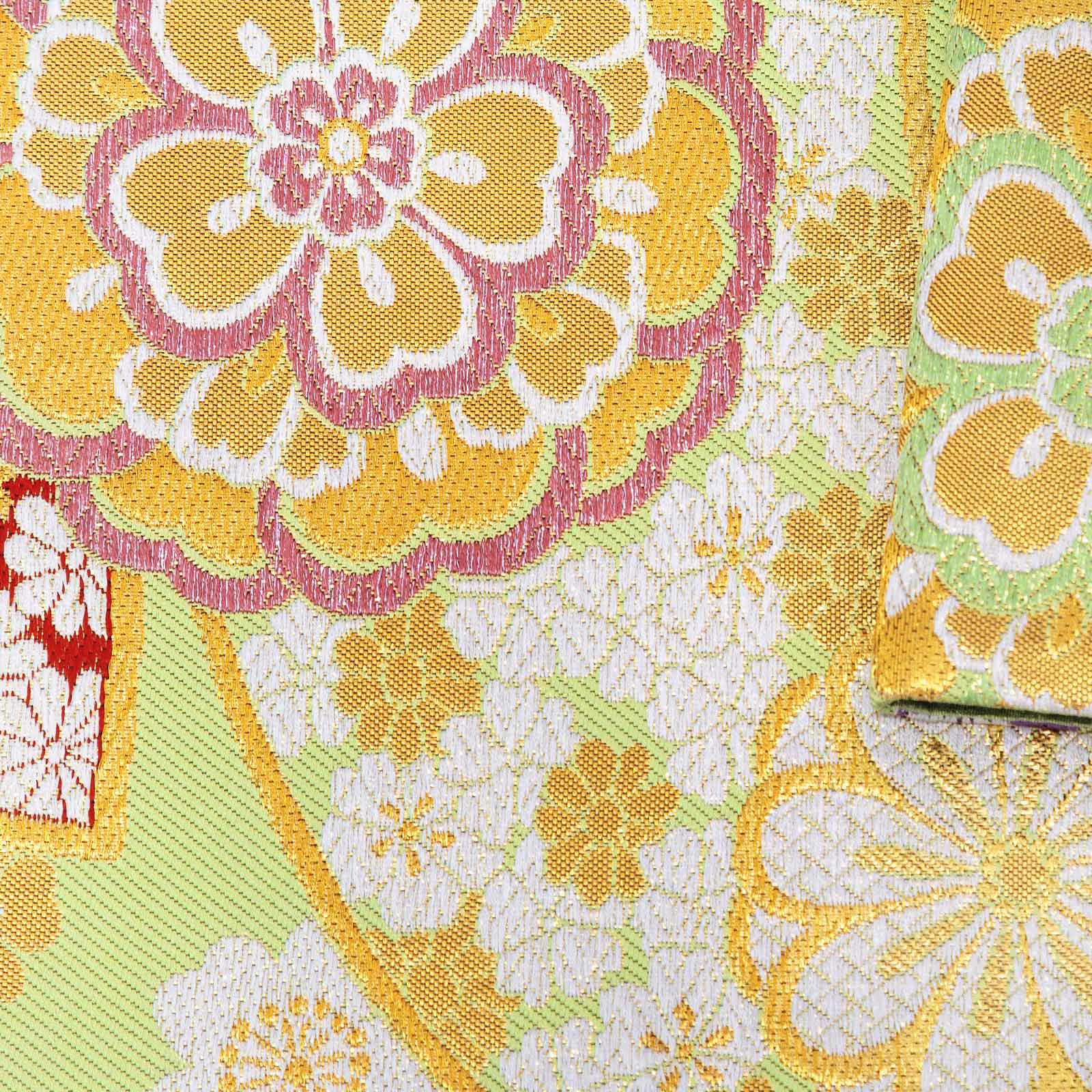 Prices down3】振袖 帯 「薄緑色 扇に花」 日本製 西陣織 証紙番号2362  