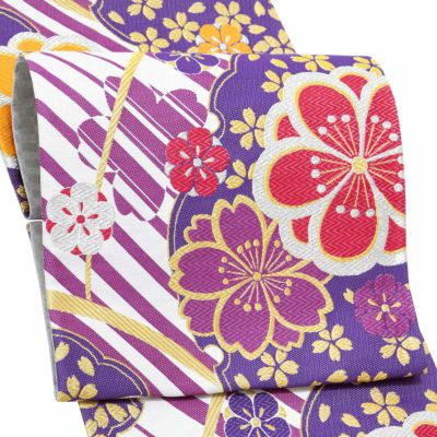 振袖 帯 「白×紫 桜と八重梅」 日本製 西陣織 証紙番号2294 株式会社