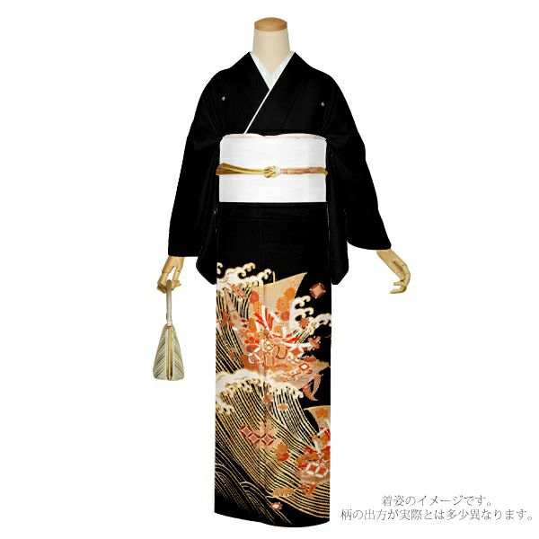 黒留袖　お仕立て上がり　単品 「波に宝船」 紋入れ代込み　正絹着物　第一礼装　正絹　留袖　結婚式　袷　プレタ　仕立てあがり お仕立て上がり黒留袖単品