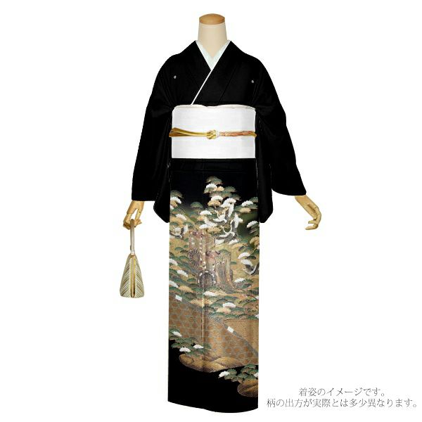 黒留袖　お仕立て上がり　単品 「松に飛鶴、籠目」 紋入れ代込み　正絹着物　第一礼装　正絹　留袖　結婚式　袷　プレタ　仕立てあがり お仕立て上がり黒留袖単品