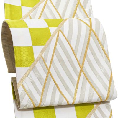 【Prices down3】振袖　帯 「縞市松　白×ライム」 日本製 西陣織 証紙番号2392 絹 未仕立て 六通柄 振袖用 袋帯 振袖帯 【メール便不可】＜T＞ss2503ofr10