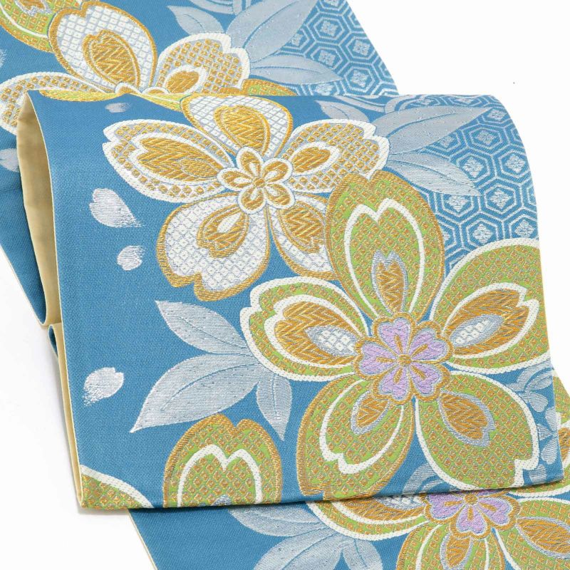 振袖　帯 「青色　雪輪に桜」 日本製 西陣織 証紙番号2293 絹 未仕立て 六通柄 振袖用 袋帯 振袖帯