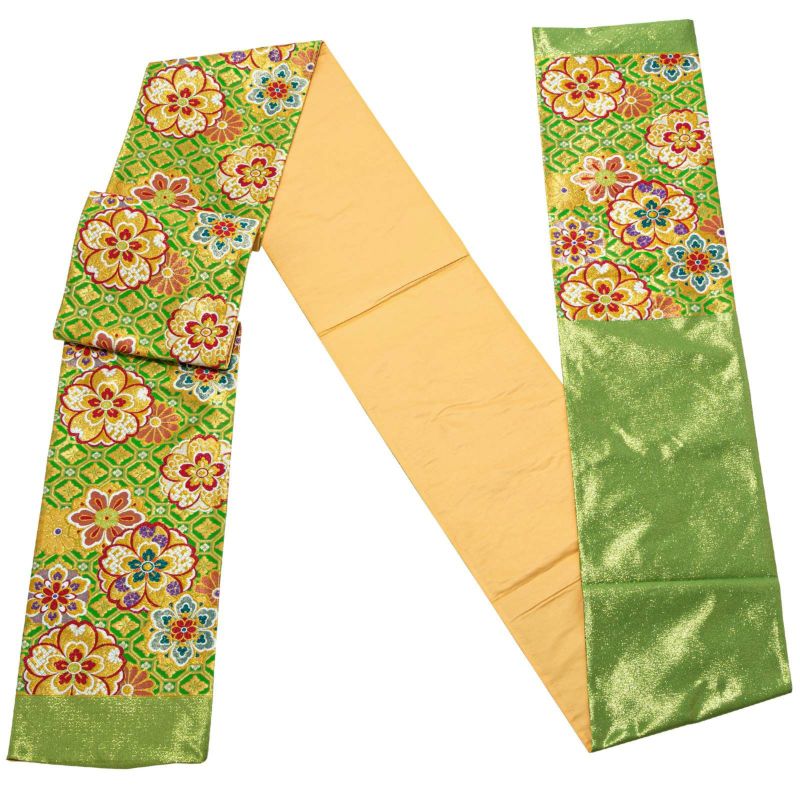 【Prices down2】振袖 帯 「黄緑色 蜀江文様と桜」 日本製 西陣織