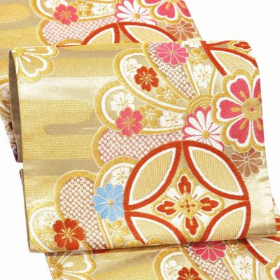 振袖 帯 「金色地 エ霞に七宝、花」 日本製 西陣織 証紙番号2362 絹