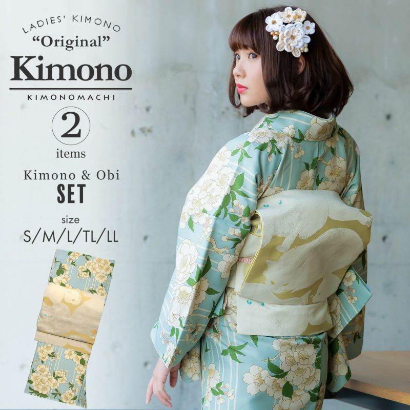 【Prices down】洗える着物 セット 「袷着物：桜　水色＋京袋帯：日向の白猫」 KIMONOMACHI オリジナル 着物と帯の2点セット サイズS/M/L/TL/LL コーディネート済み着物セット 小紋 レディース キモノ 【メール便不可】ss2212kck20