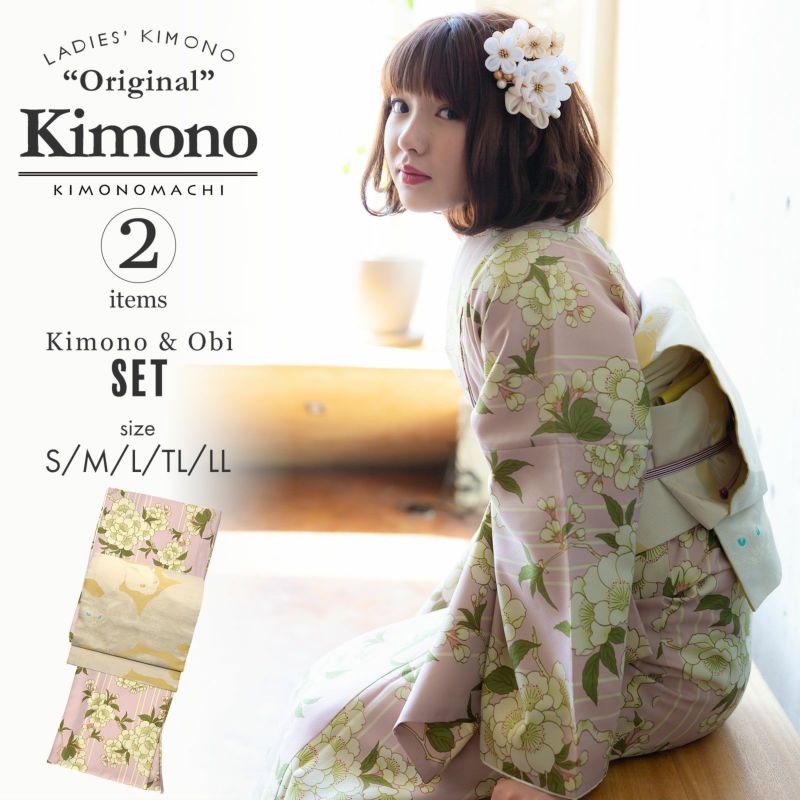 【Prices down】洗える着物 セット 「袷着物：桜　ピンク＋京袋帯：日向の白猫」 KIMONOMACHI オリジナル 着物と帯の2点セット サイズS/M/L/TL/LL コーディネート済み着物セット 小紋 レディース キモノ 【メール便不可】ss2212kck20