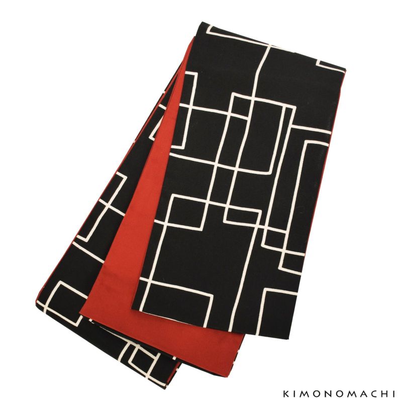 木綿半幅帯「黒地　スクエア」 木綿帯 半巾帯 コットン細帯 コットン帯 仕立て上がり帯 カジュアル 洒落帯