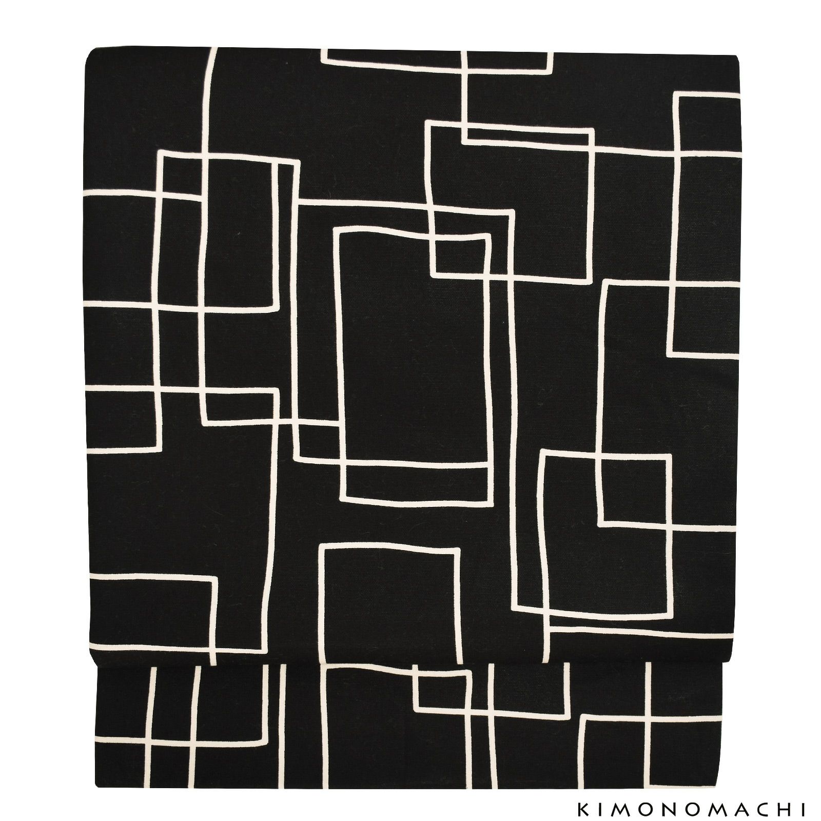 木綿名古屋帯「黒地 スクエア」 木綿帯 八寸名古屋帯 コットン名古屋帯  