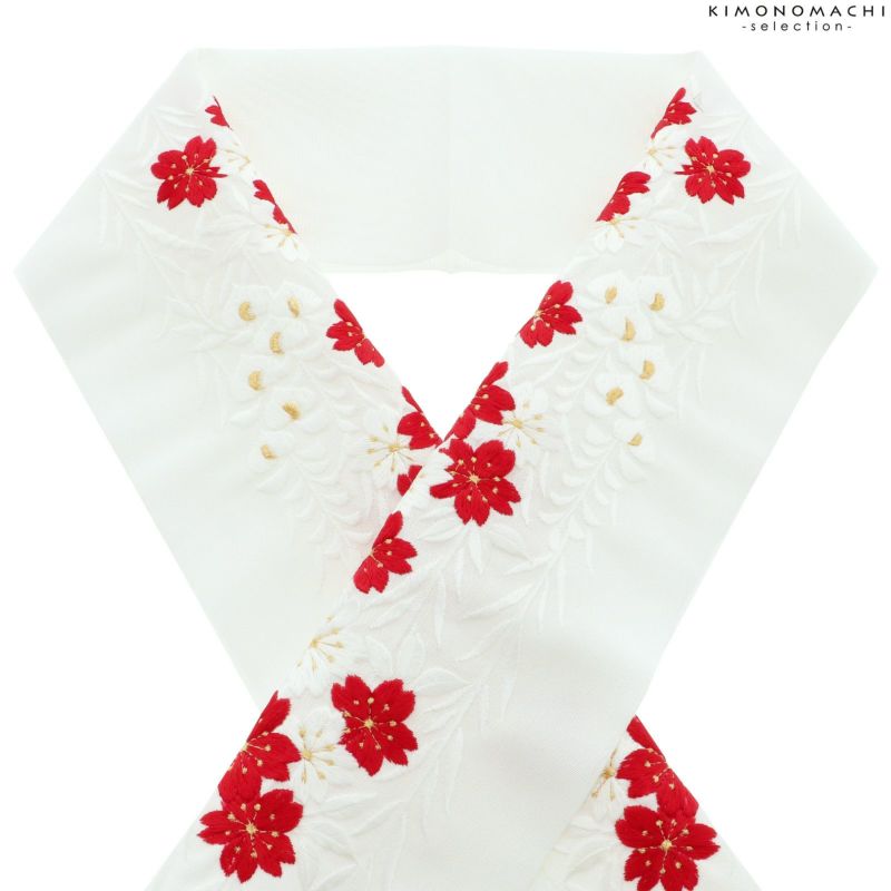 刺繍 半衿 「赤白桜と藤」 衿秀 刺繍半襟 振袖用半衿 前撮り 成人式 刺繍衿 刺繍半襟 ポリエステル半衿 ブランド：襟の衿秀