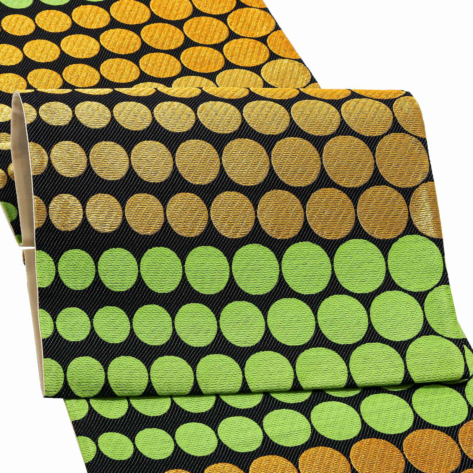 振袖　帯 「黒地　金×黄緑ドット」 日本製 絹 未仕立て 六通柄 振袖用 袋帯 振袖帯 【メール便不可】 | 京都きもの町