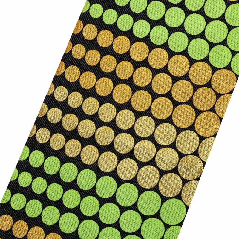 振袖　帯 「黒地　金×黄緑ドット」 日本製 絹 未仕立て 六通柄 振袖用 袋帯 振袖帯 【メール便不可】