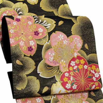 【Prices down3】振袖　帯 「黒地　薄紅桜」 日本製 西陣織 証紙番号2409 絹 未仕立て 六通柄 振袖用 袋帯 振袖帯 【メール便不可】＜T＞ss2503ofr10