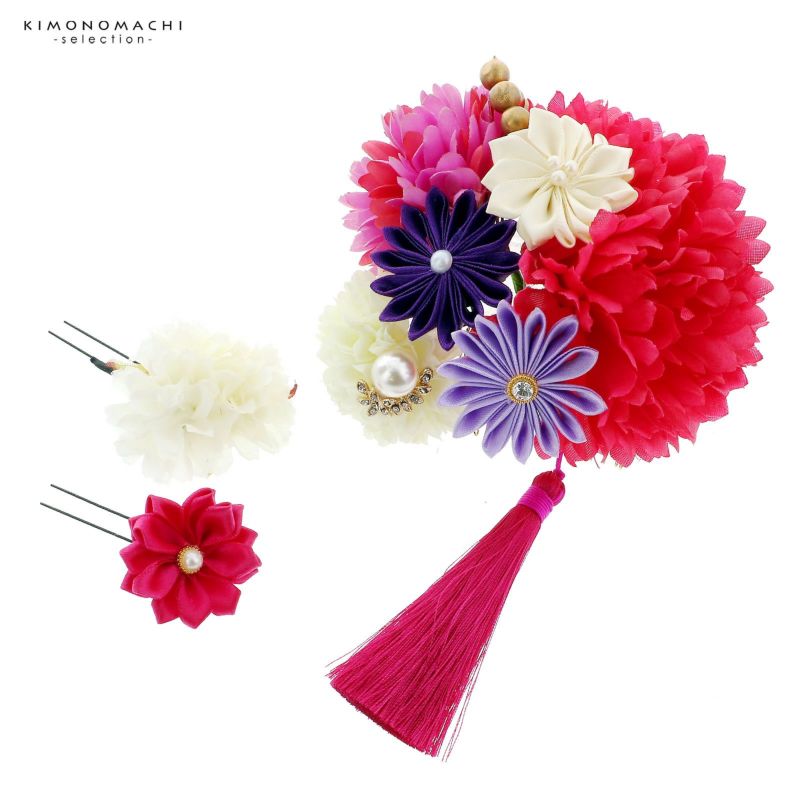 髪飾り 成人式 「コーム髪飾りとUピンの髪飾り3点セット　お花とリボンつまみ　赤紫」 振袖用髪飾り お花髪飾り 卒業式 結婚式 着物