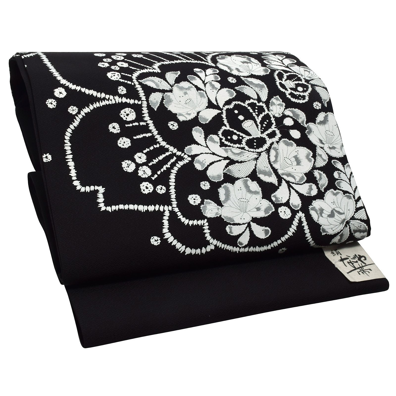 正絹名古屋帯 「黒地 白、辻が花風」 お仕立て上がり名古屋帯 お太鼓柄  