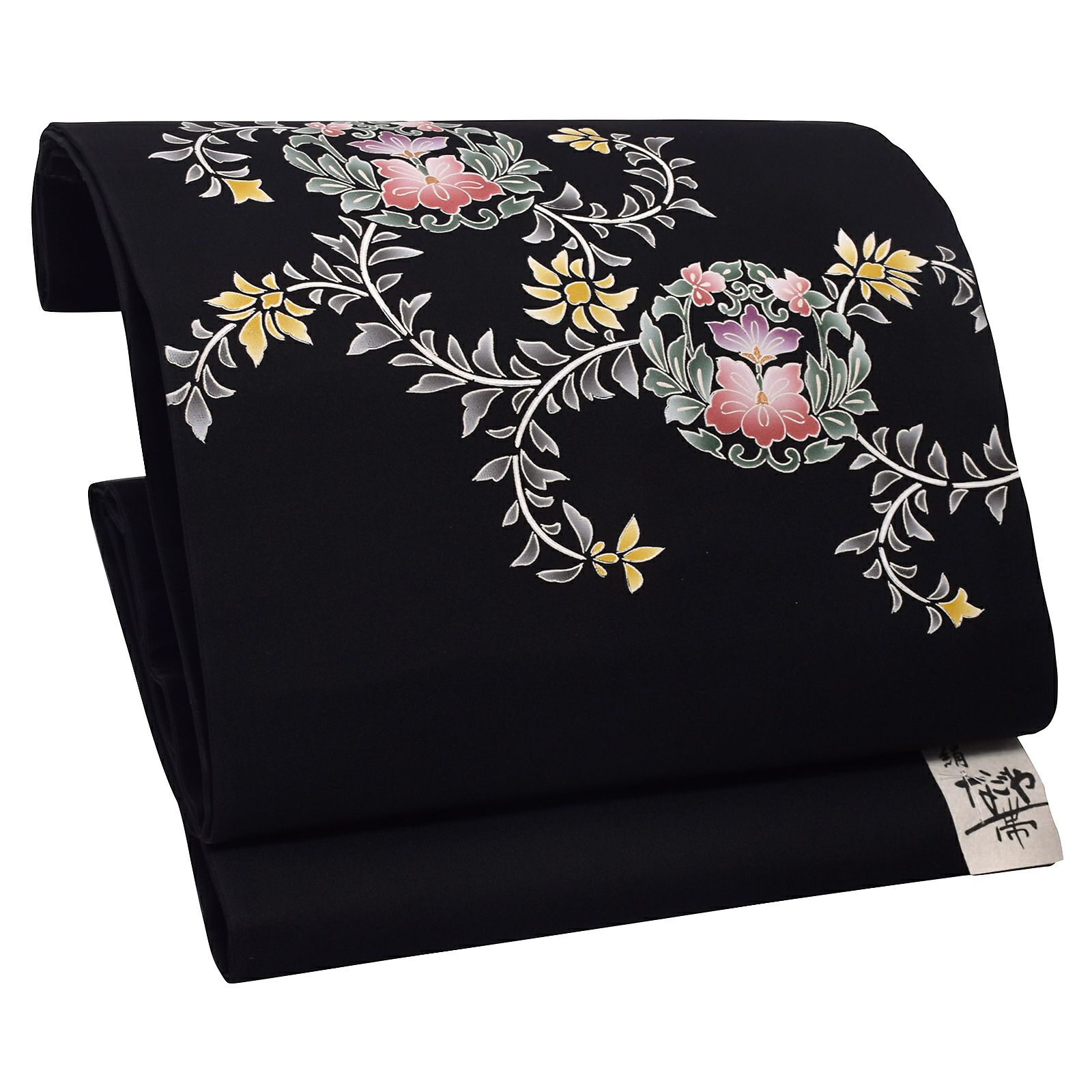 正絹名古屋帯 「黒地 花唐草」 お仕立て上がり名古屋帯 お太鼓柄 洒落  