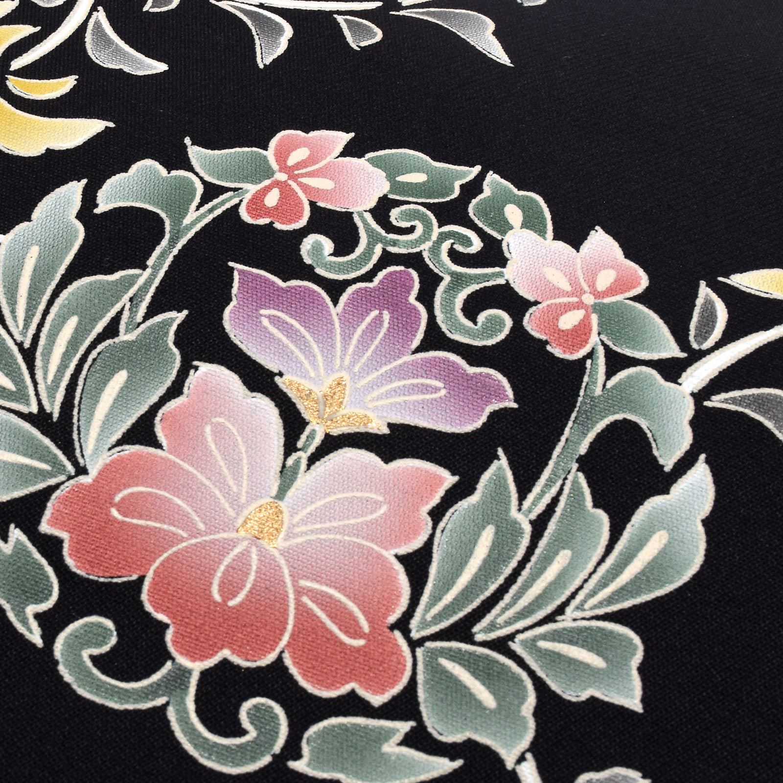 正絹名古屋帯 「黒地 花唐草」 お仕立て上がり名古屋帯 お太鼓柄 洒落  