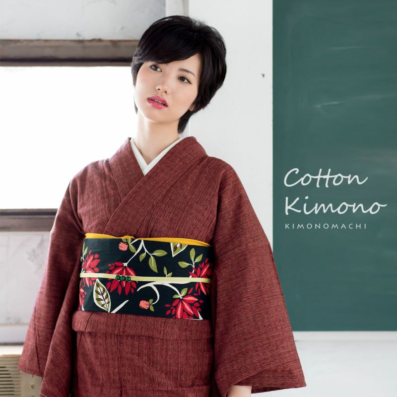 洗える着物 木綿着物 単品 「ボルドー格子」 お仕立て上がり オリジナル レディース 単衣着物 コットン プレタ着物