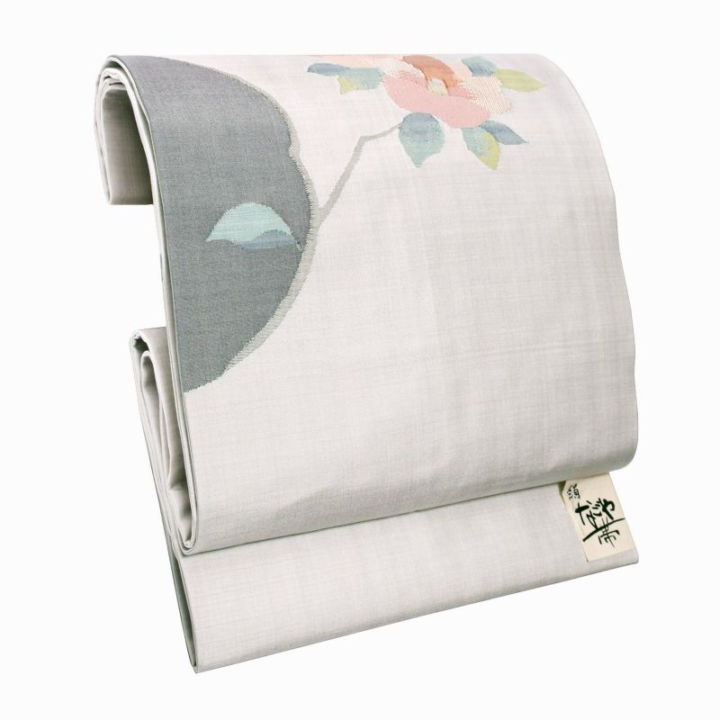 正絹名古屋帯 「灰白色　枝椿」 お仕立て上がり名古屋帯 お太鼓柄 洒落帯 九寸名古屋帯 カジュアル レディース 洒落帯