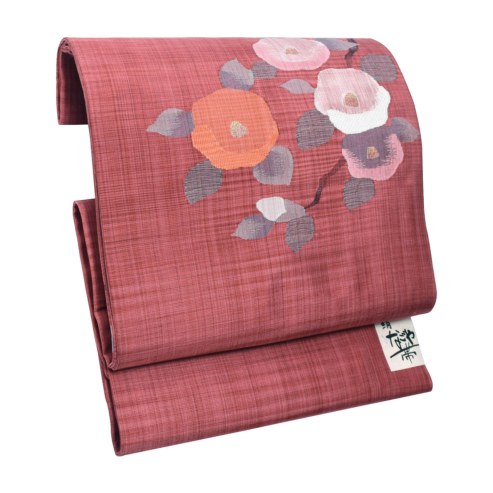 正絹名古屋帯 「赤色　椿」 お仕立て上がり名古屋帯 お太鼓柄 洒落帯 九寸名古屋帯 カジュアル レディース 洒落帯