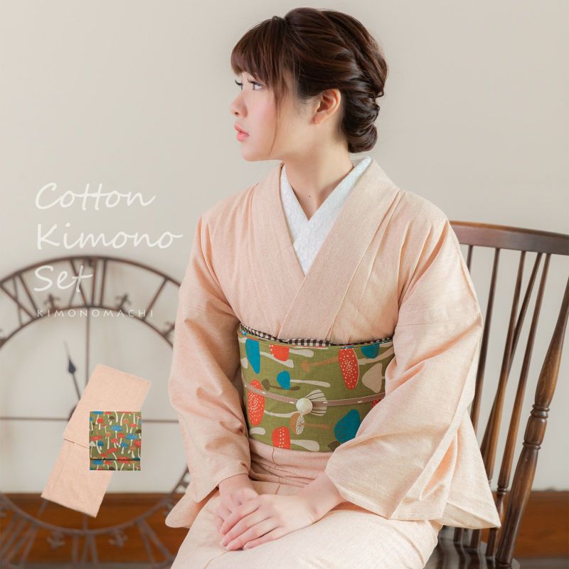 (木綿着物Prices down)洗える着物 木綿着物と木綿名古屋帯の2点セット 「杢ピンクベージュ＋キノコ」 サイズ S/M/L/TL/LL KIMONOMACHI オリジナル 木綿きものセット コーディネート済み着物セット コットン着物 コットン帯 小紋 レディース カジュアル着物 キモノ