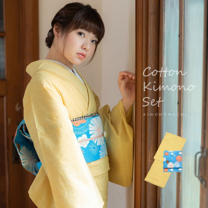 (木綿着物Prices down)洗える着物 木綿着物と木綿名古屋帯の2点セット 「杢イエロー＋ブルー花」 サイズ S/M/L/TL/LL KIMONOMACHI オリジナル 木綿きものセット コーディネート済み着物セット コットン着物 コットン帯 小紋 レディース カジュアル着物 キモノ