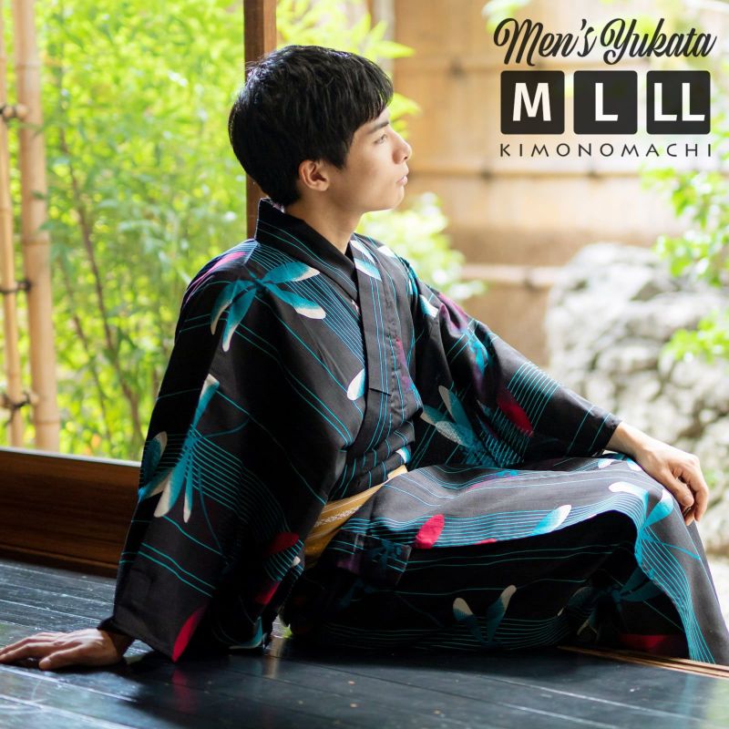 浴衣 メンズ 男性 夏着物 ポリエステル 「縞にトンボ　黒」 サイズ M/L/LL(2L) 男浴衣単品 ポリエステル浴衣 男性用浴衣単品 紳士浴衣 ゆかた yukata
