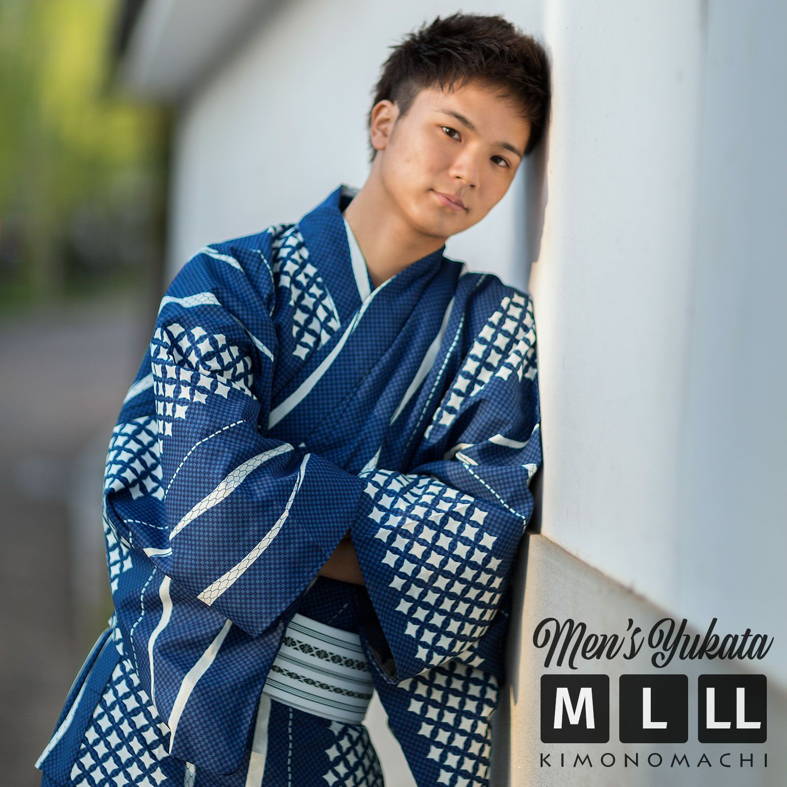 浴衣 メンズ 男性 夏着物 ポリエステル 「市松よろけ縞 青」 サイズ M 