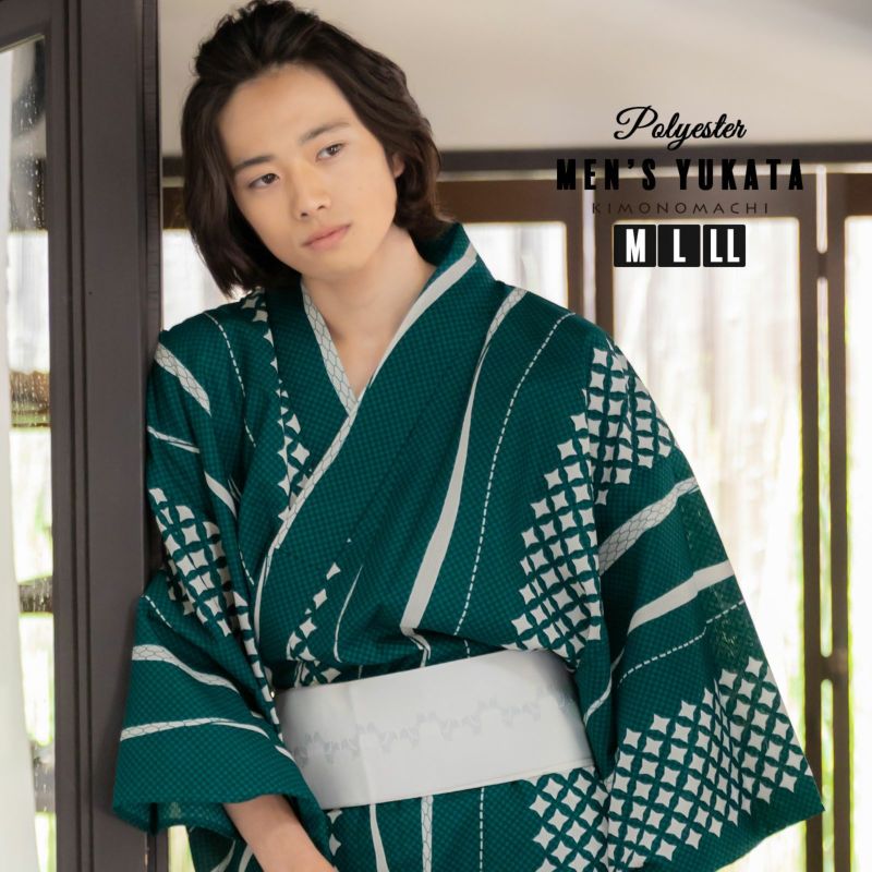 浴衣 メンズ 男性 夏着物 ポリエステル 「市松よろけ縞　緑」 サイズ M/L/LL(2L) 男浴衣単品 ポリエステル浴衣 男性用浴衣単品 紳士浴衣 ゆかた yukata