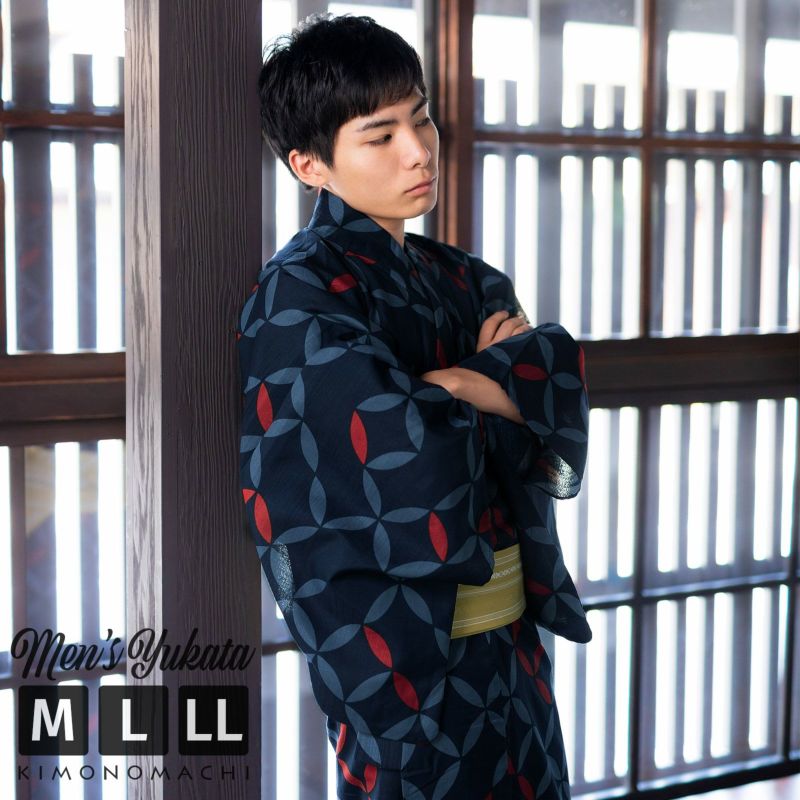 浴衣 メンズ 男性 夏着物 ポリエステル 「破れ七宝　紺」 サイズ M/L/LL(2L) 男浴衣単品 ポリエステル浴衣 男性用浴衣単品 紳士浴衣 ゆかた yukata