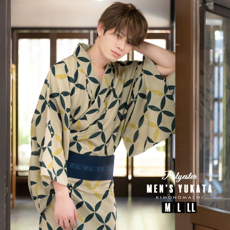 浴衣 メンズ 男性 夏着物 ポリエステル 「破れ七宝　ベージュ」 サイズ M/L/LL(2L) 男浴衣単品 ポリエステル浴衣 男性用浴衣単品 紳士浴衣 ゆかた yukata