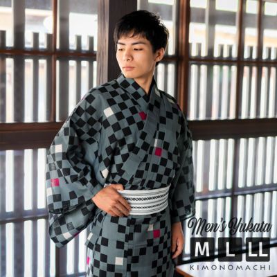 【Prices down】浴衣 メンズ 男性 夏着物 ポリエステル 「市松　グレー」 サイズ M/L/LL(2L) 男浴衣単品 ポリエステル浴衣 男性用浴衣単品 紳士浴衣 ゆかた yukata 【メール便不可】ss2406men25