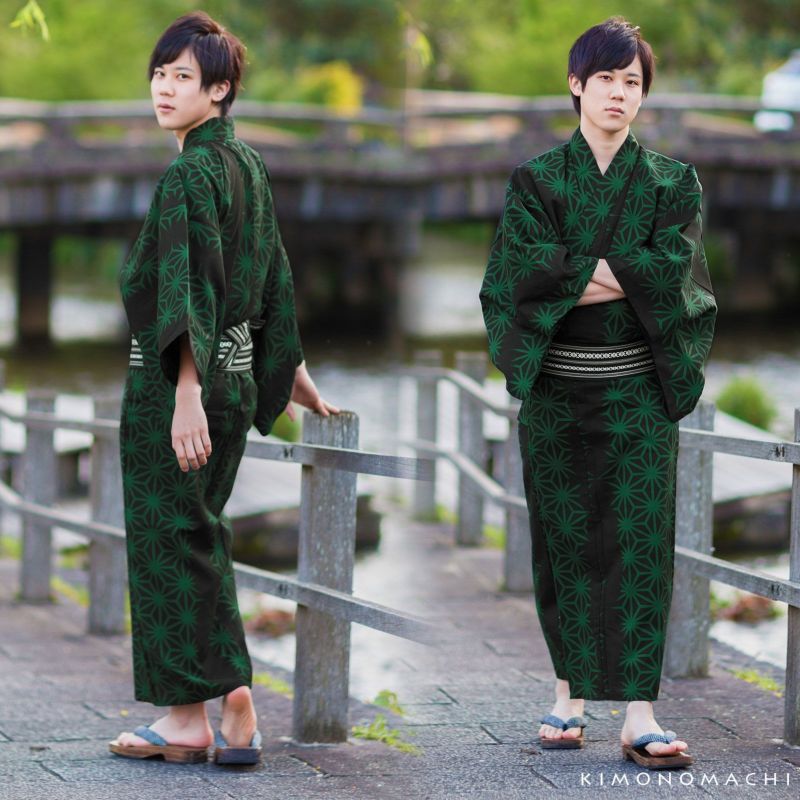 浴衣 メンズ 男性 夏着物 ポリエステル 「破れ麻の葉 黒×緑