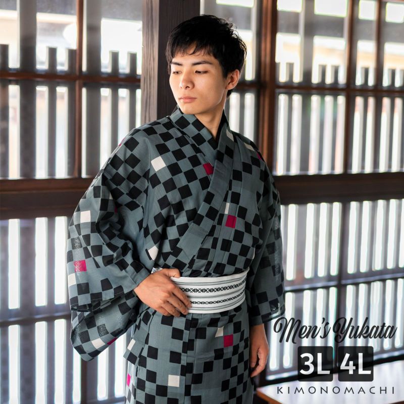 浴衣 メンズ 男性 夏着物 ポリエステル 「市松　グレー」 大きなサイズ 3L/4L 男浴衣単品 ポリエステル浴衣 男性用浴衣単品 紳士浴衣 ゆかた yukata