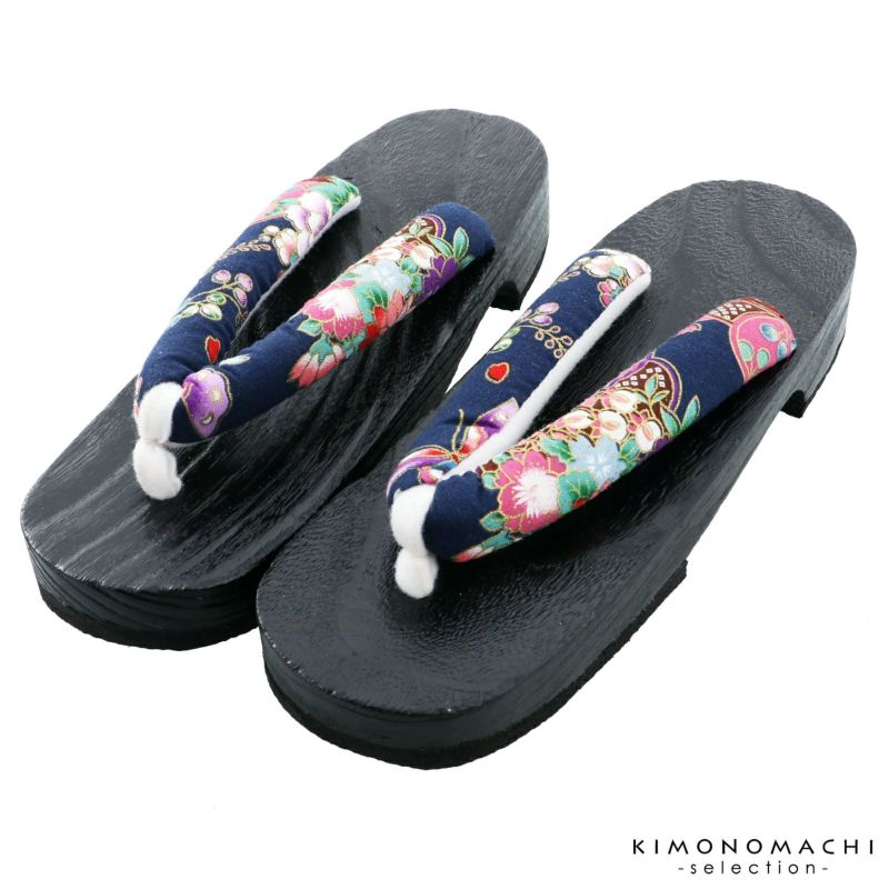 女性下駄単品「和柄　紺　黒台」フリーサイズ（Lサイズ） 23～24.5cm 痛くなりにくい 下駄 女性 レディース KIMONOMACHIオリジナル 桐下駄 浴衣・甚平に 浴衣下駄