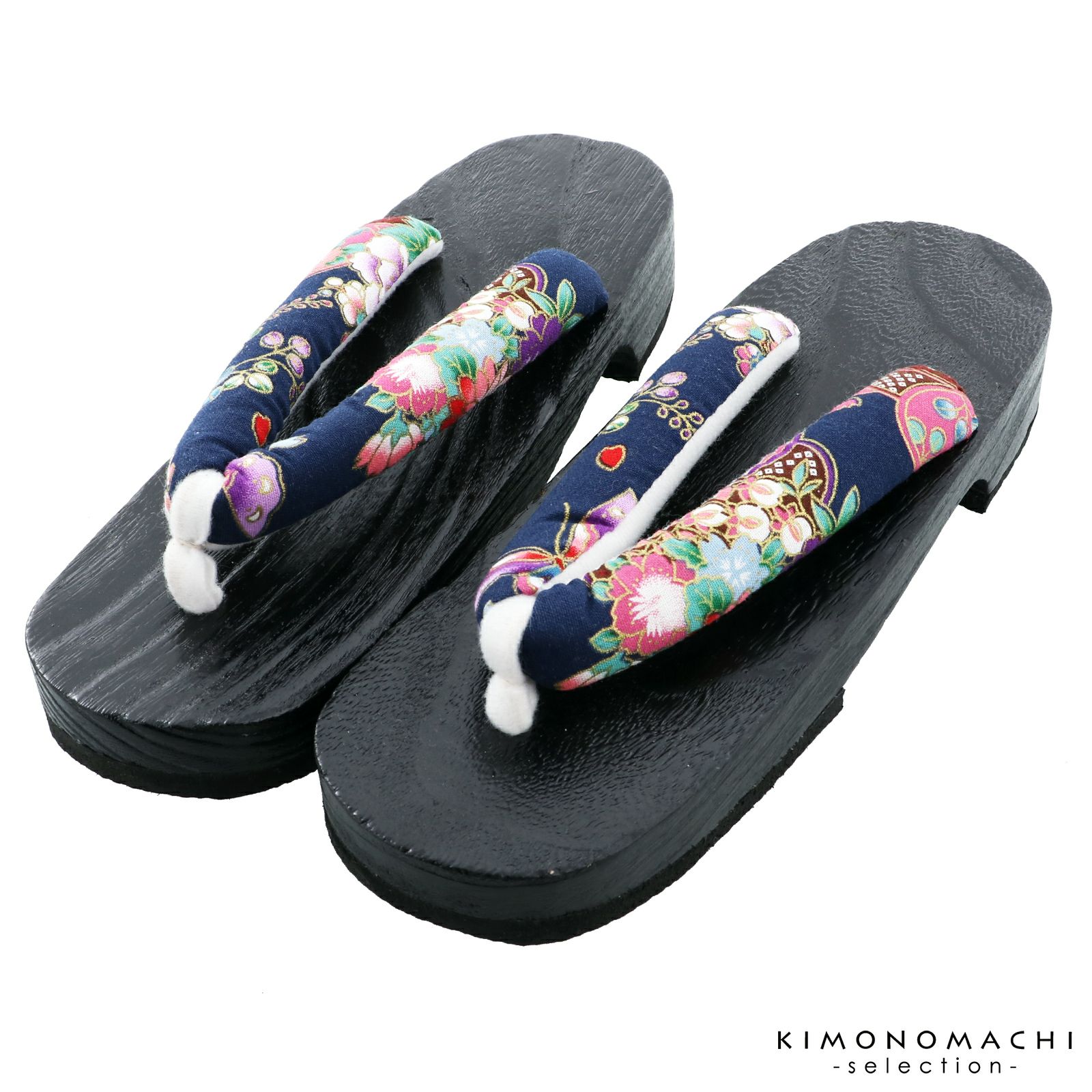 女性下駄単品「和柄　紺　黒台」フリーサイズ（Lサイズ） 23～24.5cm 痛くなりにくい 下駄 女性 レディース KIMONOMACHIオリジナル 桐下駄 浴衣・甚平に 浴衣下駄