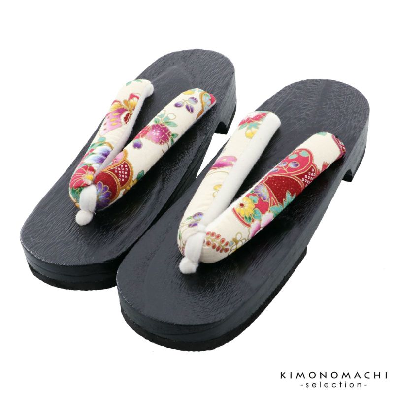 女性下駄単品「和柄　白　黒台」フリーサイズ（Lサイズ） 23～24.5cm 痛くなりにくい 下駄 女性 レディース KIMONOMACHIオリジナル 桐下駄 浴衣・甚平に 浴衣下駄