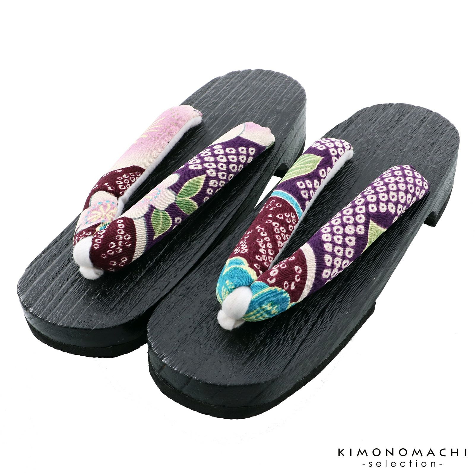 女性下駄単品「和柄　紫　黒台」フリーサイズ（Lサイズ） 23～24.5cm 痛くなりにくい 下駄 女性 レディース KIMONOMACHIオリジナル 桐下駄 浴衣・甚平に 浴衣下駄
