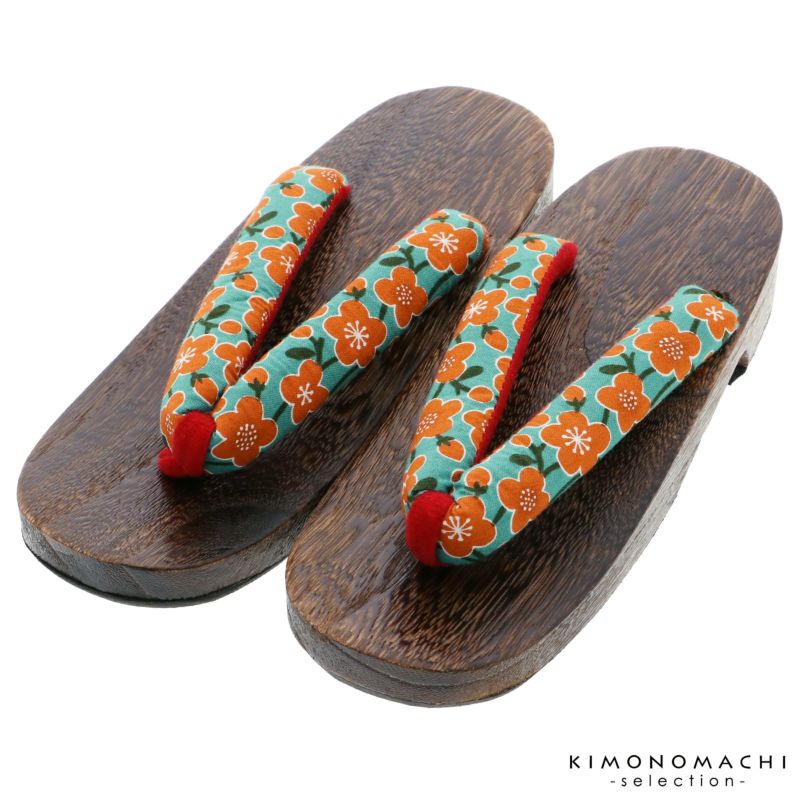 女性下駄単品「梅　ターコイズ　焼桐」フリーサイズ（Lサイズ）・LLサイズ 23～25.5cm 痛くなりにくい 下駄 女性 レディース 桐下駄 浴衣・甚平に 浴衣下駄