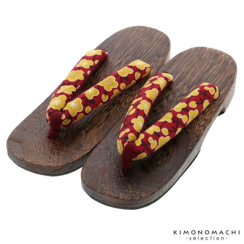 女性下駄単品「梅　エンジ　焼桐」フリーサイズ（Lサイズ）・LLサイズ 23～25.5cm 痛くなりにくい 下駄 女性 レディース 桐下駄 浴衣・甚平に 浴衣下駄