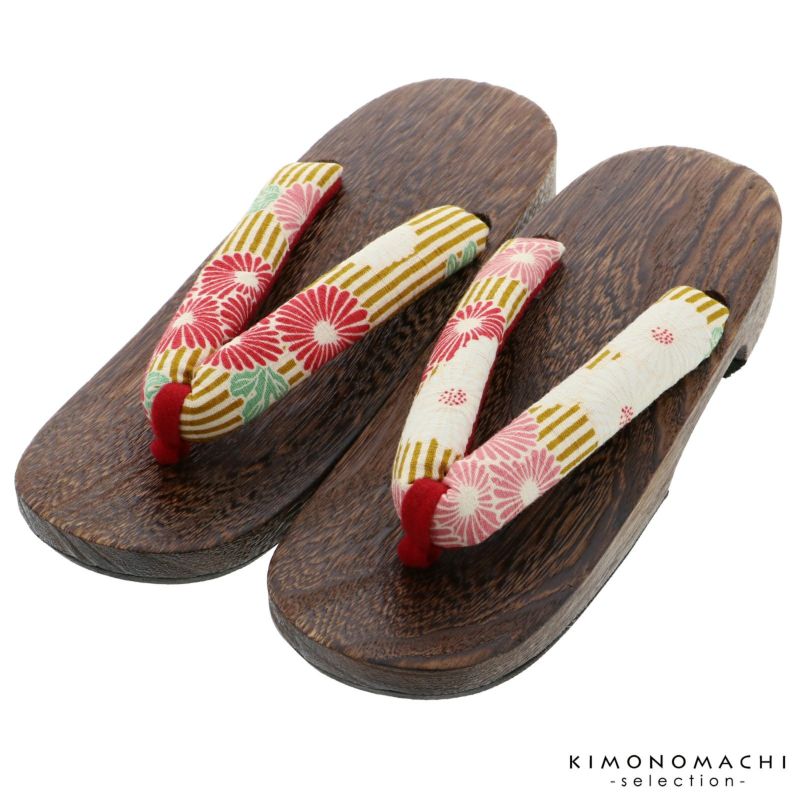 女性下駄単品「縞に菊　焼桐」フリーサイズ（Lサイズ）・LLサイズ 23～25.5cm 痛くなりにくい 下駄 女性 レディース 桐下駄 浴衣・甚平に 浴衣下駄