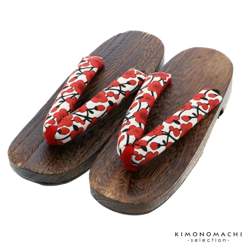 女性下駄単品「梅　白×赤　焼桐」フリーサイズ（Lサイズ）・LLサイズ 23～25.5cm 痛くなりにくい 下駄 女性 レディース 桐下駄 浴衣・甚平に 浴衣下駄