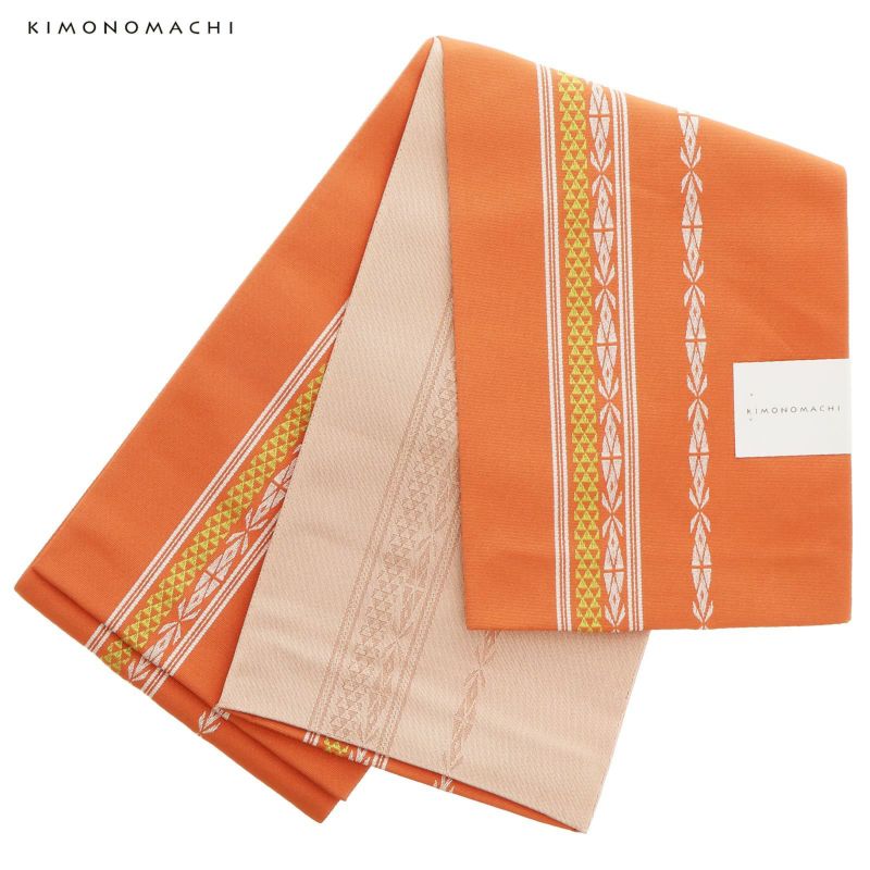 浴衣 帯 半幅帯 「献上柄風　珊瑚朱色地×黄緑　裏白地　KIMONOMACHI」 大人 小袋帯 レディース 女性用 浴衣帯 半巾帯 半幅帯単品 京都きもの町オリジナル