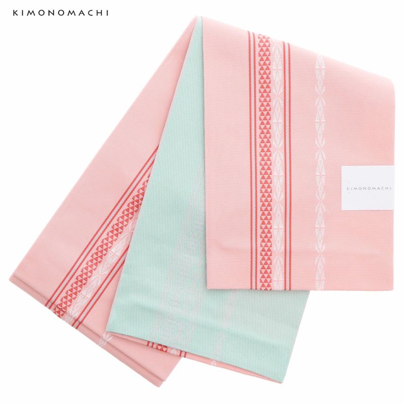 浴衣 帯 半幅帯 「献上柄風　サーモンピンク　裏水色　KIMONOMACHI」 大人 小袋帯 レディース 女性用 浴衣帯 半巾帯 半幅帯単品 京都きもの町オリジナル