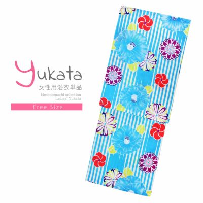 【Prices down】浴衣 レディース 単品 「白×水色　椿、菊とねじ梅」 フリーサイズ レトロ モダン 大人柄 女性浴衣単品 女浴衣 ゆかた yukata 【メール便不可】ss2406ykl10