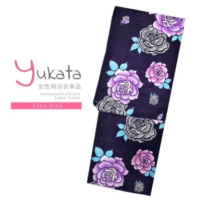 【Prices down】浴衣 レディース 単品 「紺地　レース、薔薇」 フリーサイズ レトロ モダン 大人柄 女性浴衣単品 女浴衣 ゆかた yukata 【メール便不可】ss2406ykl10