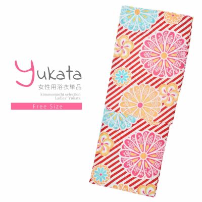 【Prices down】浴衣 レディース 単品 「赤、斜めストライプ　菊花、オレンジ色」 フリーサイズ レトロ モダン 大人柄 女性浴衣単品 yukata 【メール便不可】ss2406ykl20